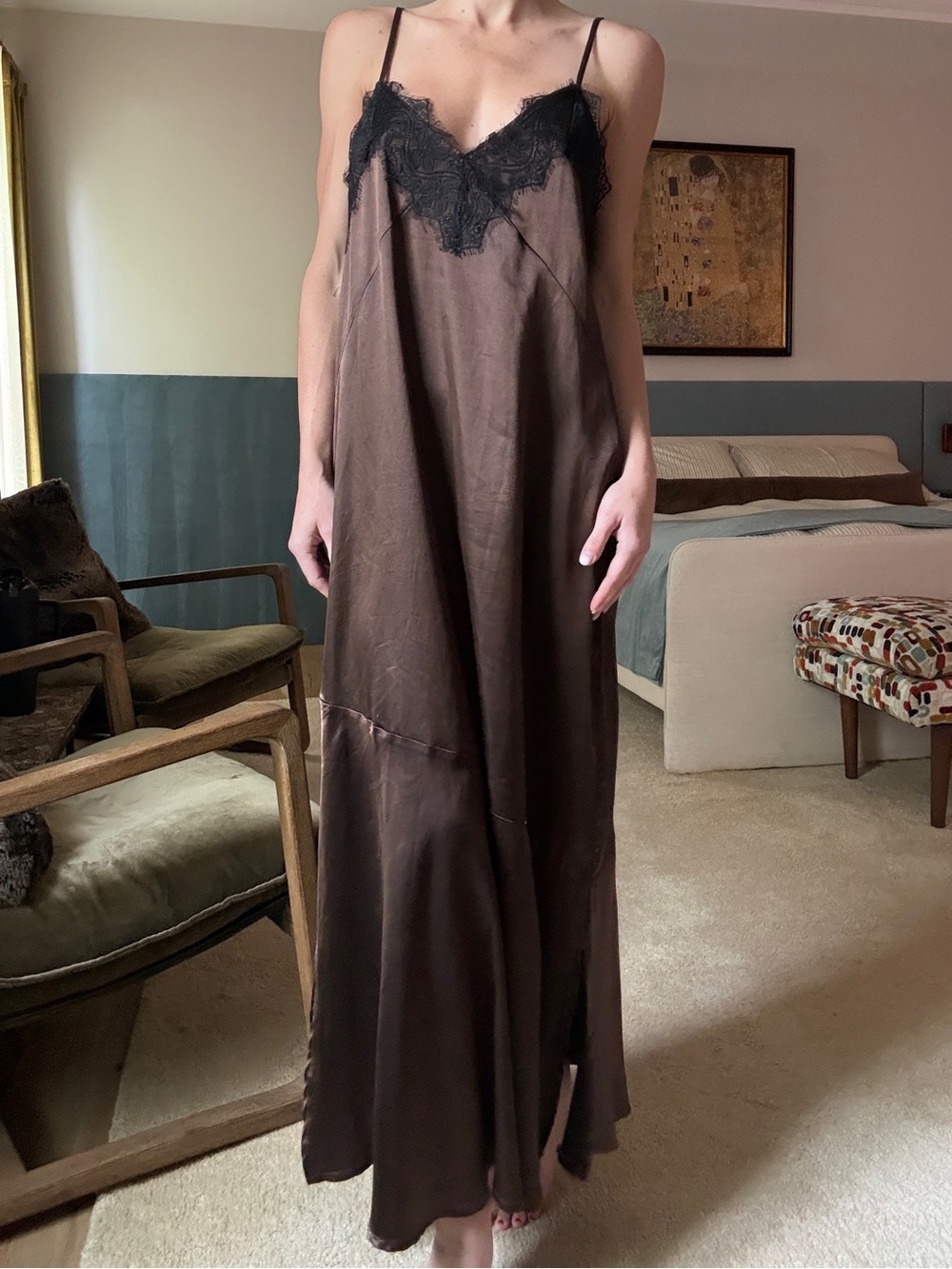 PrettyLittleThing Brown Lace Satin Maxi Dress